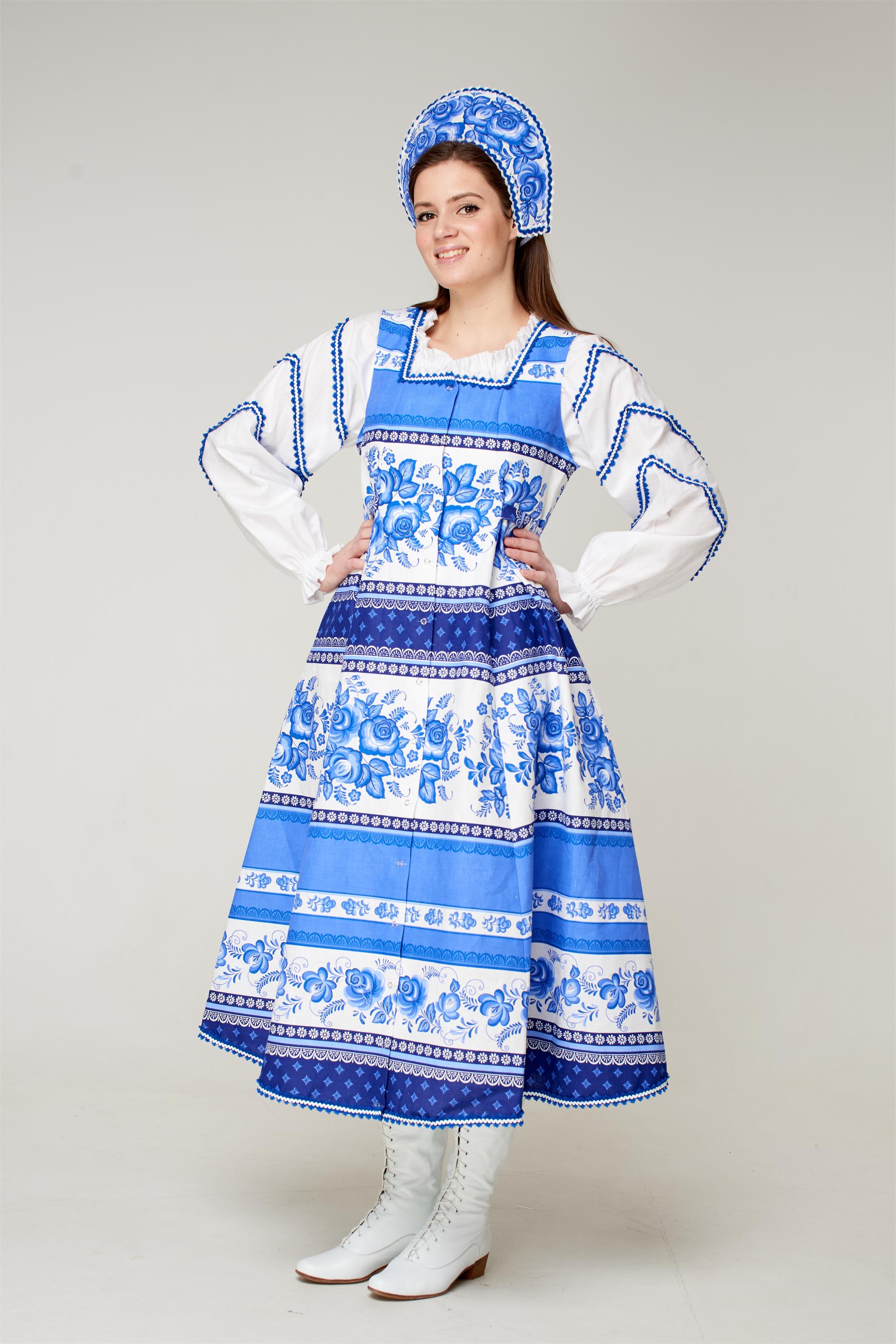 Купить российскую одежду. Сарафан Гжель валберис. Сарафан в народном стиле. Русский костюм женский. Фольклорный костюм женский.